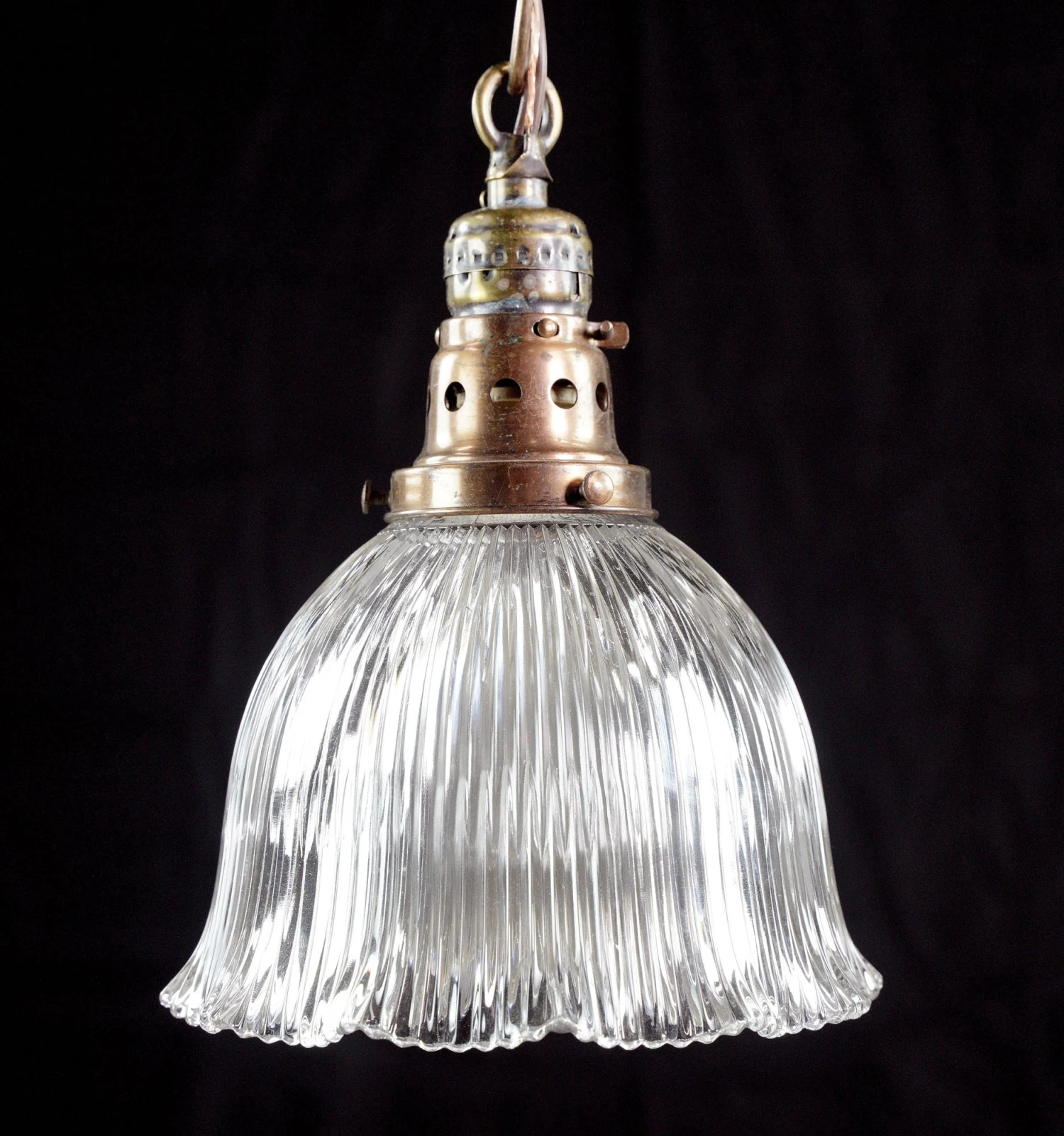 Antique 6.75 In. Ruffled Glass & Brass Chain Pendant Light 4 Antique 6.75 In. Ruffled Glass & Brass Chain Pendant Light - Image 2