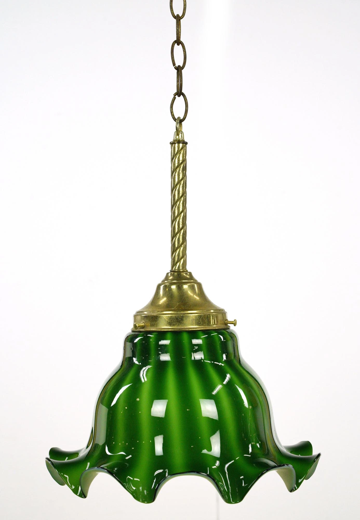 Vintage Brass Chain Ruffled Green Glass Shade Pendant Light 4 Vintage Brass Chain Ruffled Green Glass Shade Pendant Light - Image 2