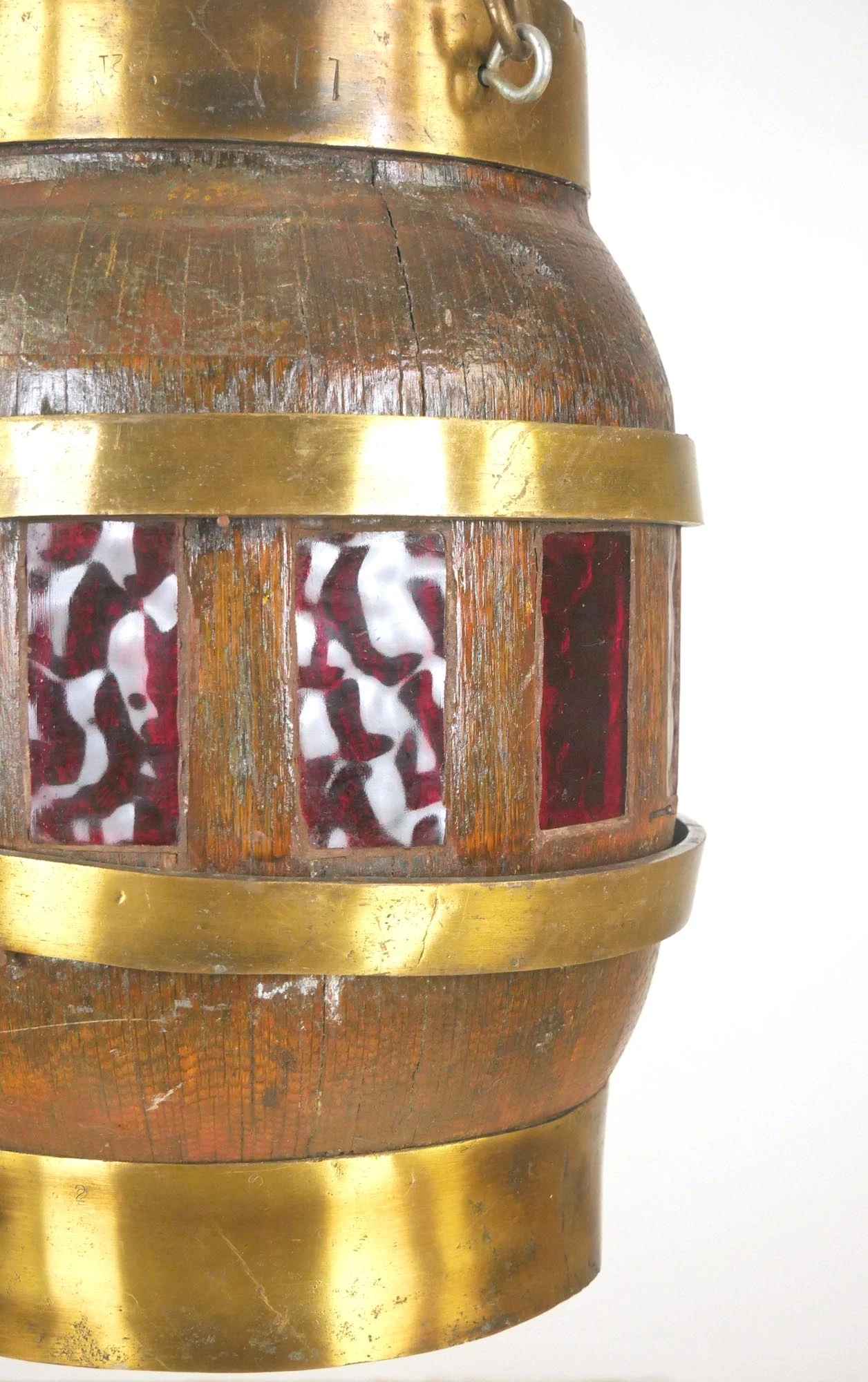 Reclaimed Wood Barrel Polished Brass Red Glass Pendant Light 4 Reclaimed Wood Barrel Polished Brass Red Glass Pendant Light - Image 2