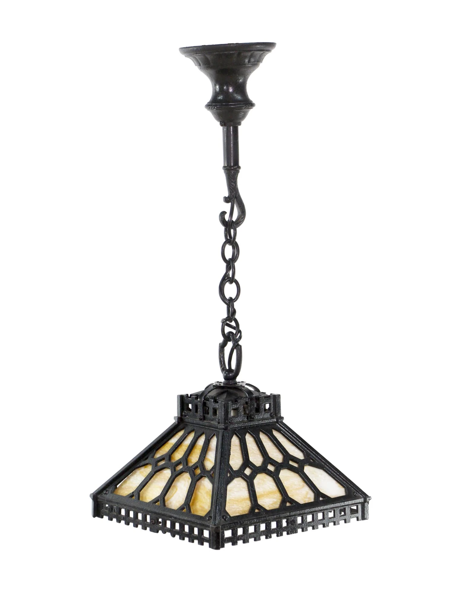 Rare Arts & Crafts Slag Glass Black Cast Iron Pendant Light 3 Rare Arts & Crafts Slag Glass Black Cast Iron Pendant Light