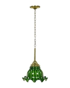 Vintage Brass Chain Ruffled Green Glass Shade Pendant Light