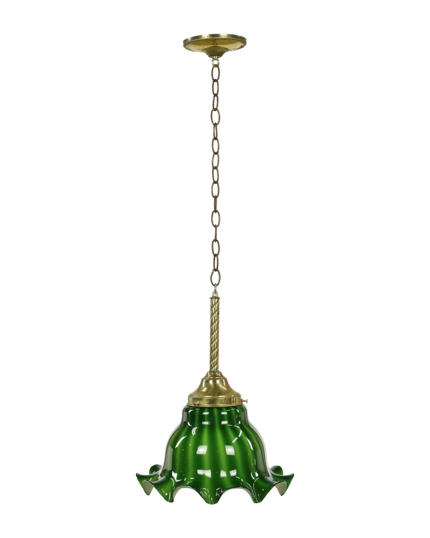 Vintage Brass Chain Ruffled Green Glass Shade Pendant Light 3 Vintage Brass Chain Ruffled Green Glass Shade Pendant Light