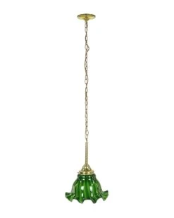 Vintage Ruffled Green Glass Shade Brass Chain Pendant Light