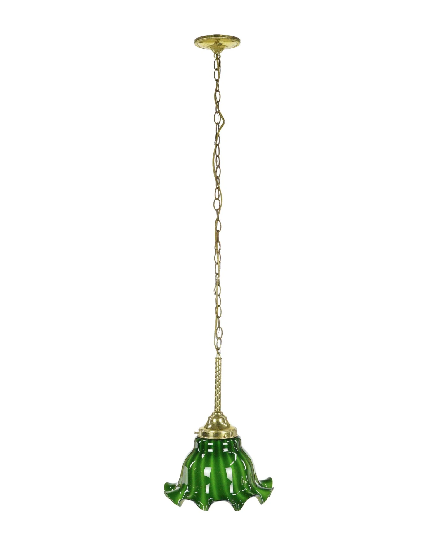 Vintage Ruffled Green Glass Shade Brass Chain Pendant Light 3 Vintage Ruffled Green Glass Shade Brass Chain Pendant Light