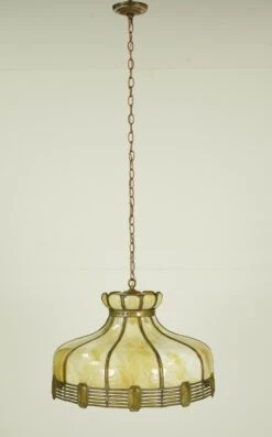 Vintage Tan Slag Stained Glass Pendant Light With Brass Accents