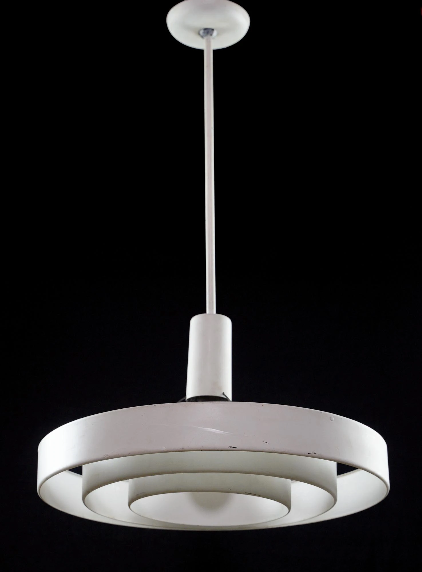 Vintage White Steel Circles Mid Century Modern Pendant Light 3 Vintage White Steel Circles Mid Century Modern Pendant Light