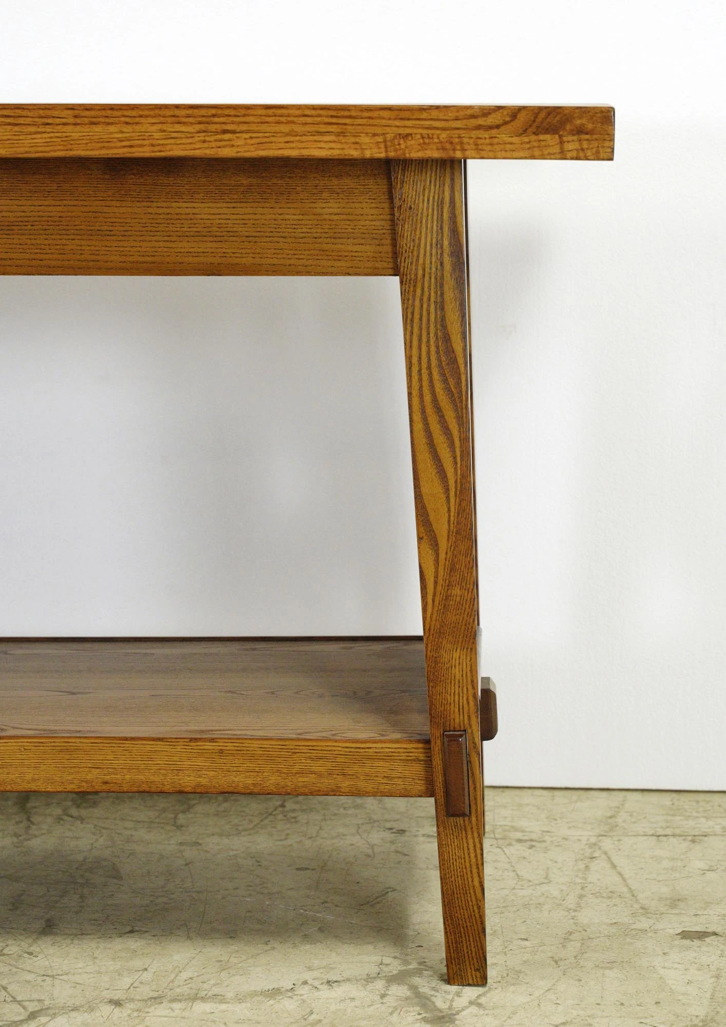 Vintage 58 In. Spade Carvings Medium Tone Oak Table With Shelf 5 Vintage 58 In. Spade Carvings Medium Tone Oak Table With Shelf - Image 3