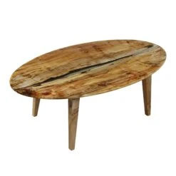 Handcrafted 53 In. Clear Resin River Maple Tapered Legs Oval Coffee Table