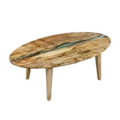 Handcrafted 53 In. Green Resin River Maple Tapered Leg Oval Coffee Table