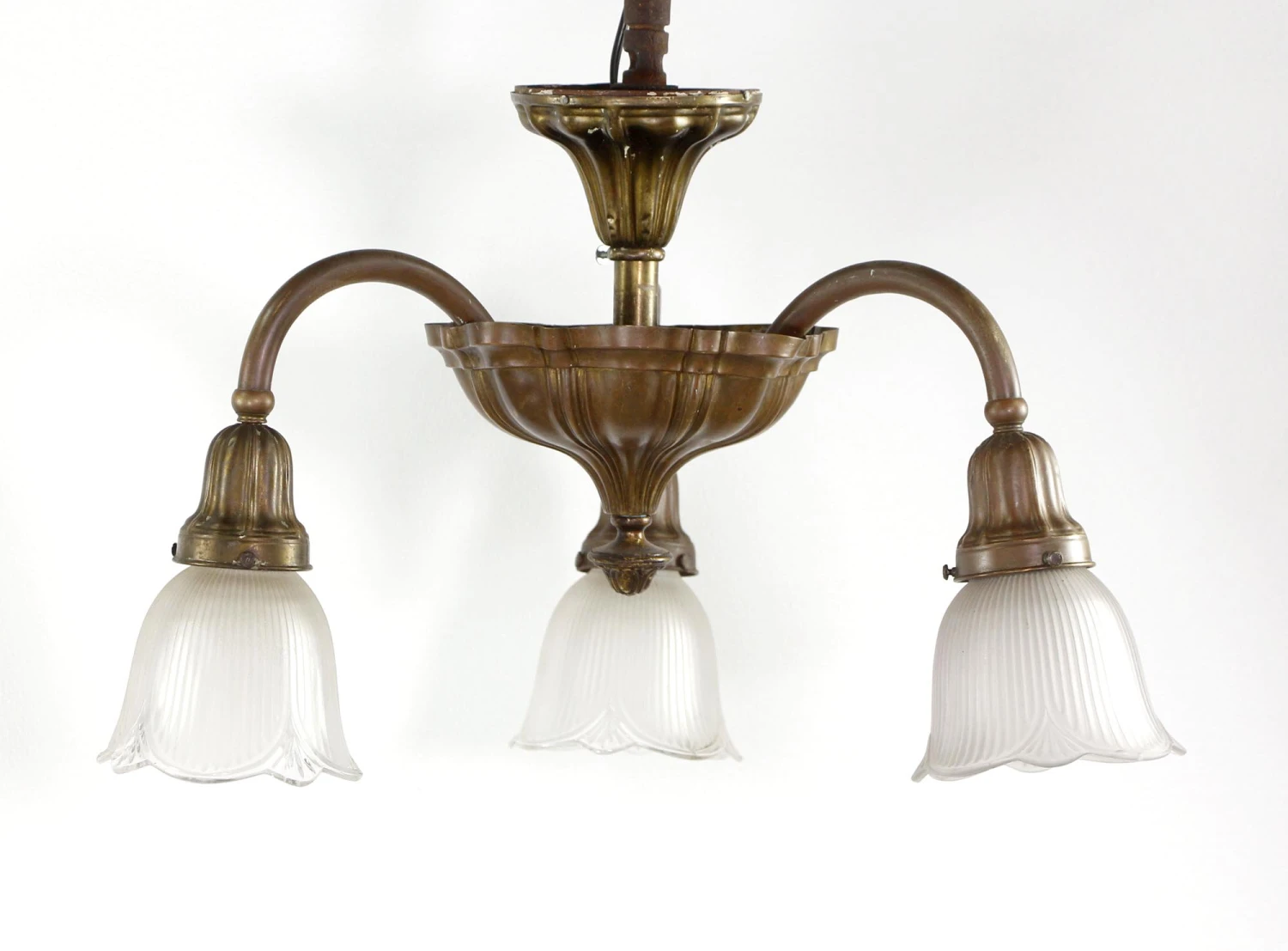 1900s Rococo Sheffield Brass 3 Arm Semi Flush Mount Light 3 1900s Rococo Sheffield Brass 3 Arm Semi Flush Mount Light