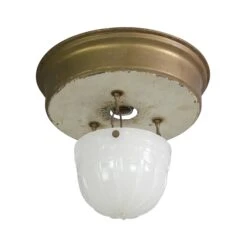 1910s Petite Milk Glass Steel Theater Semi Flush Mount Light