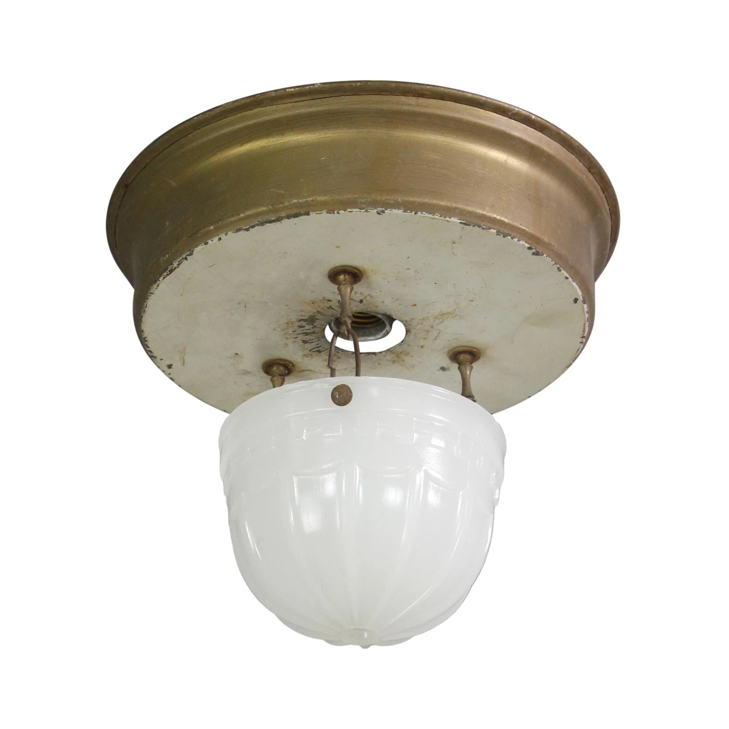1910s Petite Milk Glass Steel Theater Semi Flush Mount Light 3 1910s Petite Milk Glass Steel Theater Semi Flush Mount Light