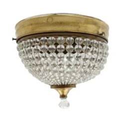 1920s Waldorf Astoria Beaded Brass Frame Crystal Flush Mount