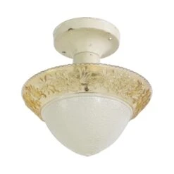 1940s Glass Floral Amber & Cream Glass Semi Flush Mount Light
