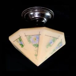 1940s Hand Painted Octagon Shaped Semi Flush Mount Light