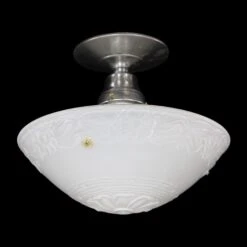 1940s White Floral Glass Dish Semi Flush Dome Light