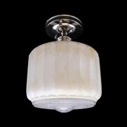 1950s Art Deco White & Clear 9 In. Glass Flush Mount Light
