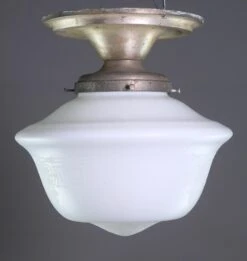 Bambergers Etched Milk Glass Silvered Brass Semi Flush Mount Light