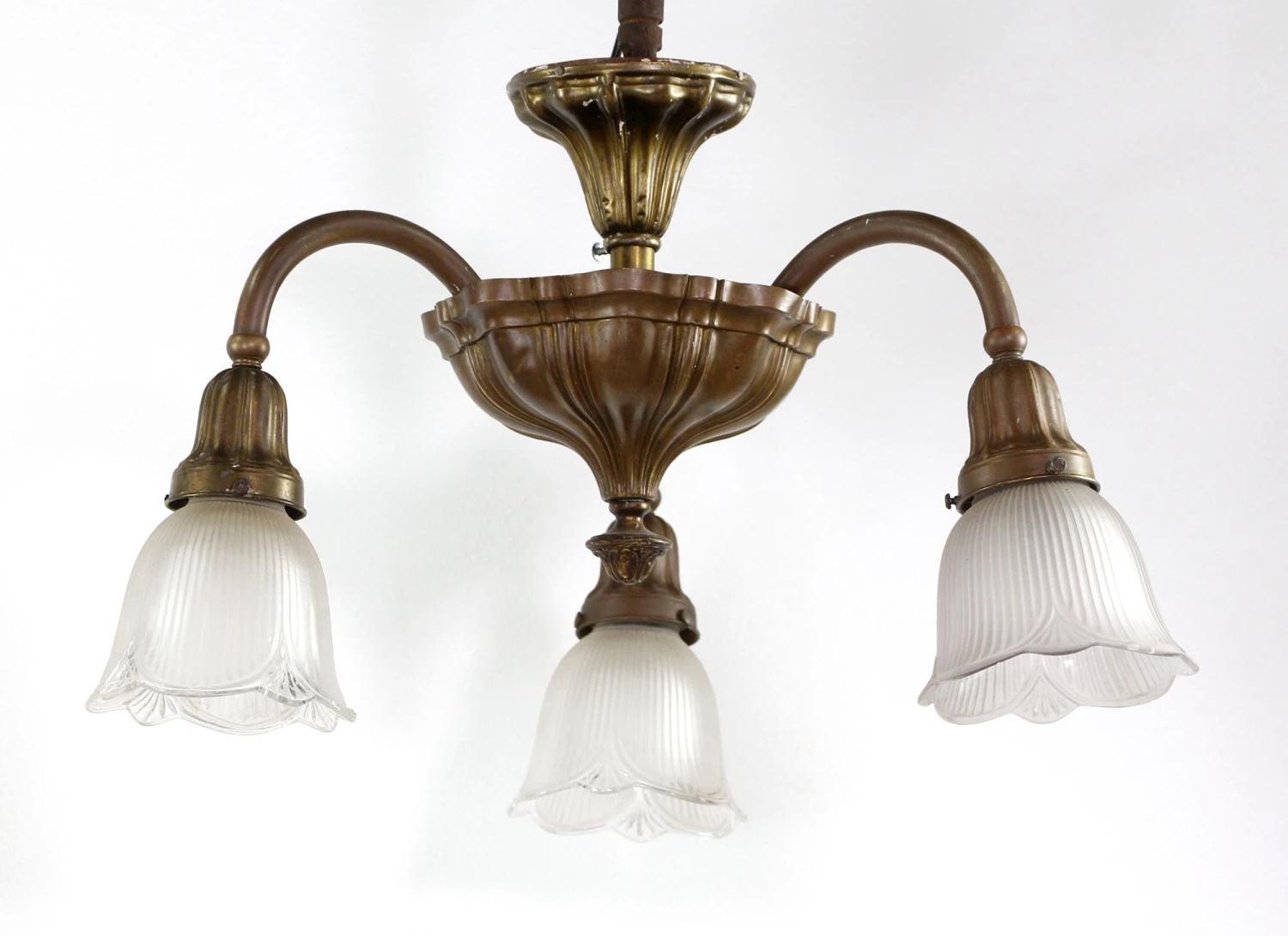1900s Rococo Sheffield Brass 3 Arm Semi Flush Mount Light 4 1900s Rococo Sheffield Brass 3 Arm Semi Flush Mount Light - Image 2
