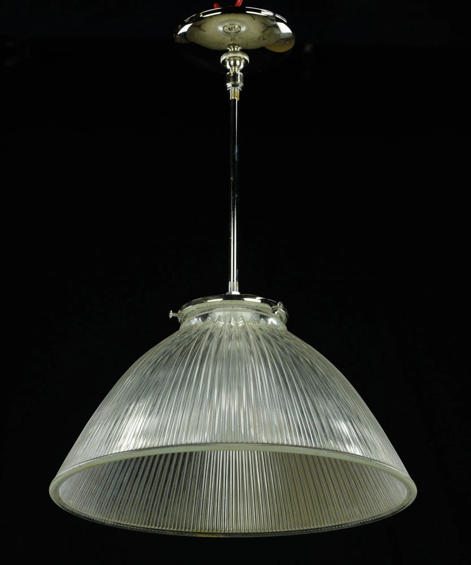 Industrial 13.5 In. Glass Holophane Nickel Pole Pendant Light 4 Industrial 13.5 In. Glass Holophane Nickel Pole Pendant Light - Image 2