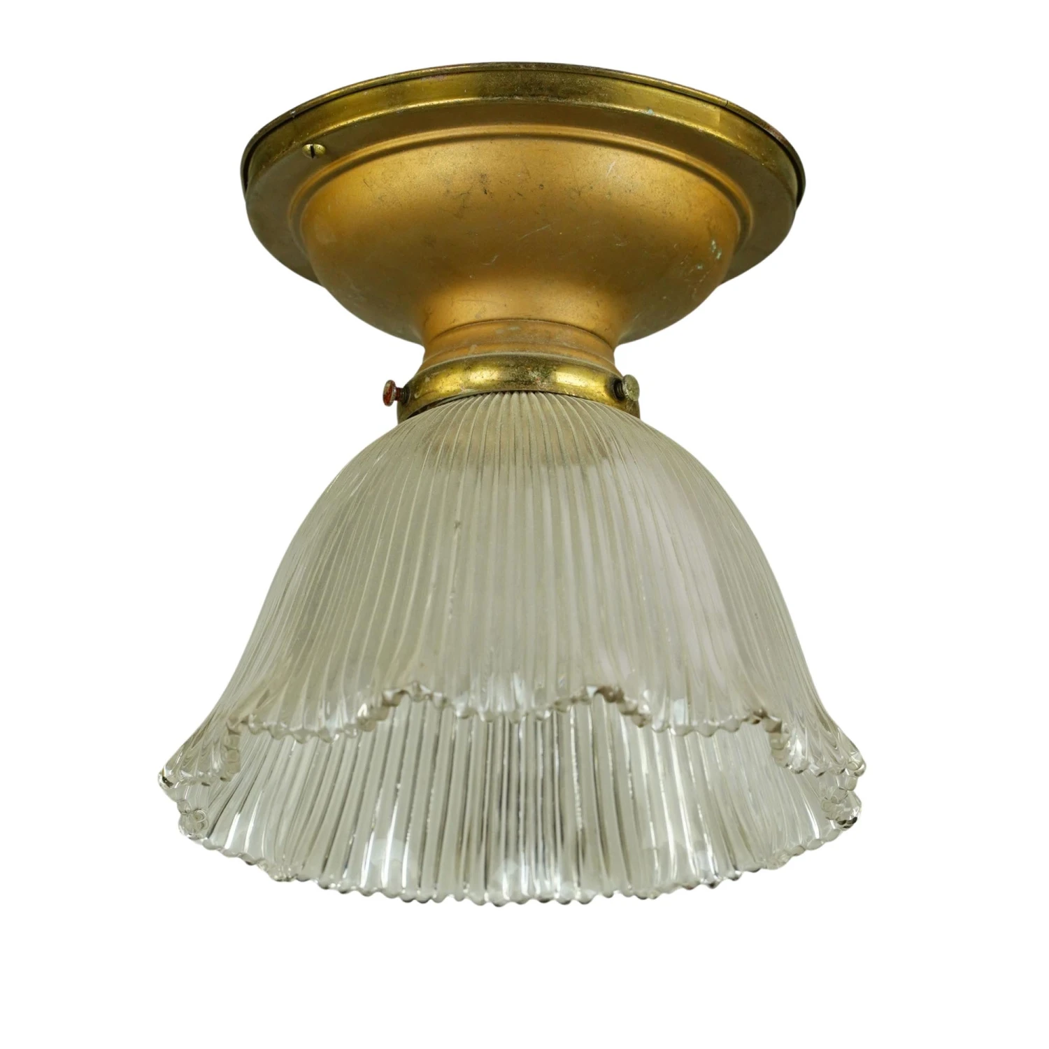 Vintage 7.5 In. Holophane Glass Brass Semi Flush Mount Light 3 Vintage 7.5 In. Holophane Glass Brass Semi Flush Mount Light