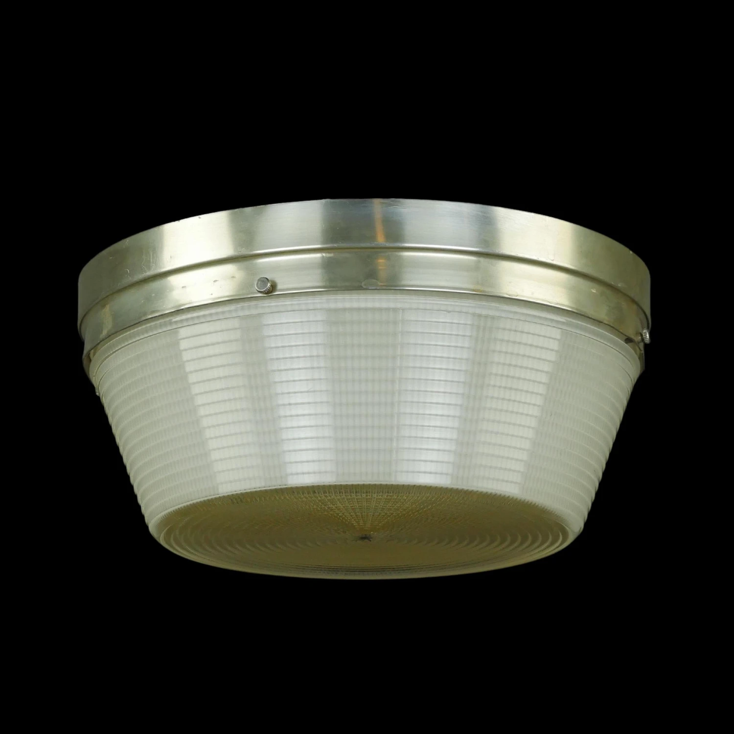 Vintage Mid Century Brushed Steel Prismatic Glass Flush Mount Light 3 Vintage Mid Century Brushed Steel Prismatic Glass Flush Mount Light