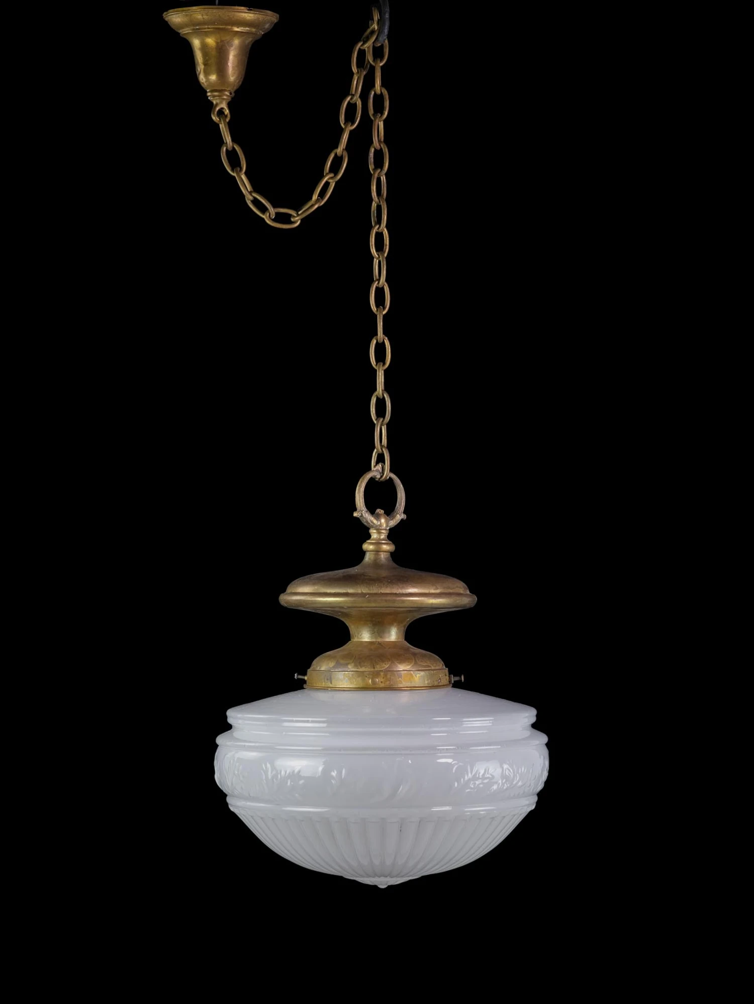 1910s Opaline Fluted Cast Glass & Brass Chain Pendant Light 3 1910s Opaline Fluted Cast Glass & Brass Chain Pendant Light