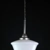 1940s Opaline Glass Schoolhouse Brushed Steel Pendant Light