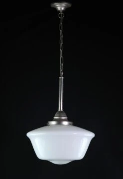 1940s Opaline Glass Schoolhouse Brushed Steel Pendant Light