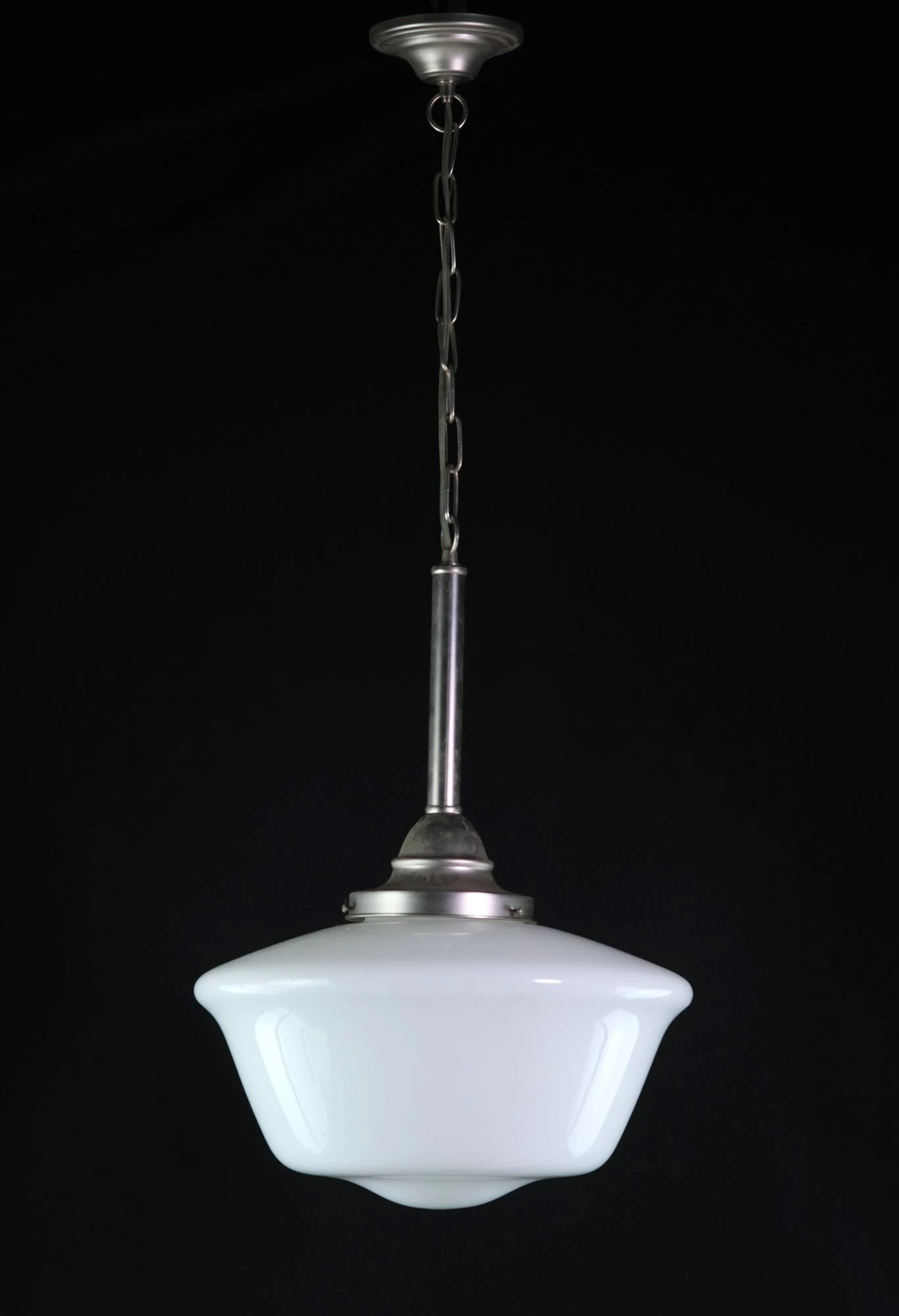 1940s Opaline Glass Schoolhouse Brushed Steel Pendant Light 3 1940s Opaline Glass Schoolhouse Brushed Steel Pendant Light