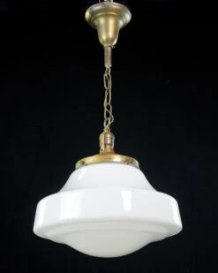 Antique 15 In. Schoolhouse White Milk Glass & Brass Chain Pendant Light