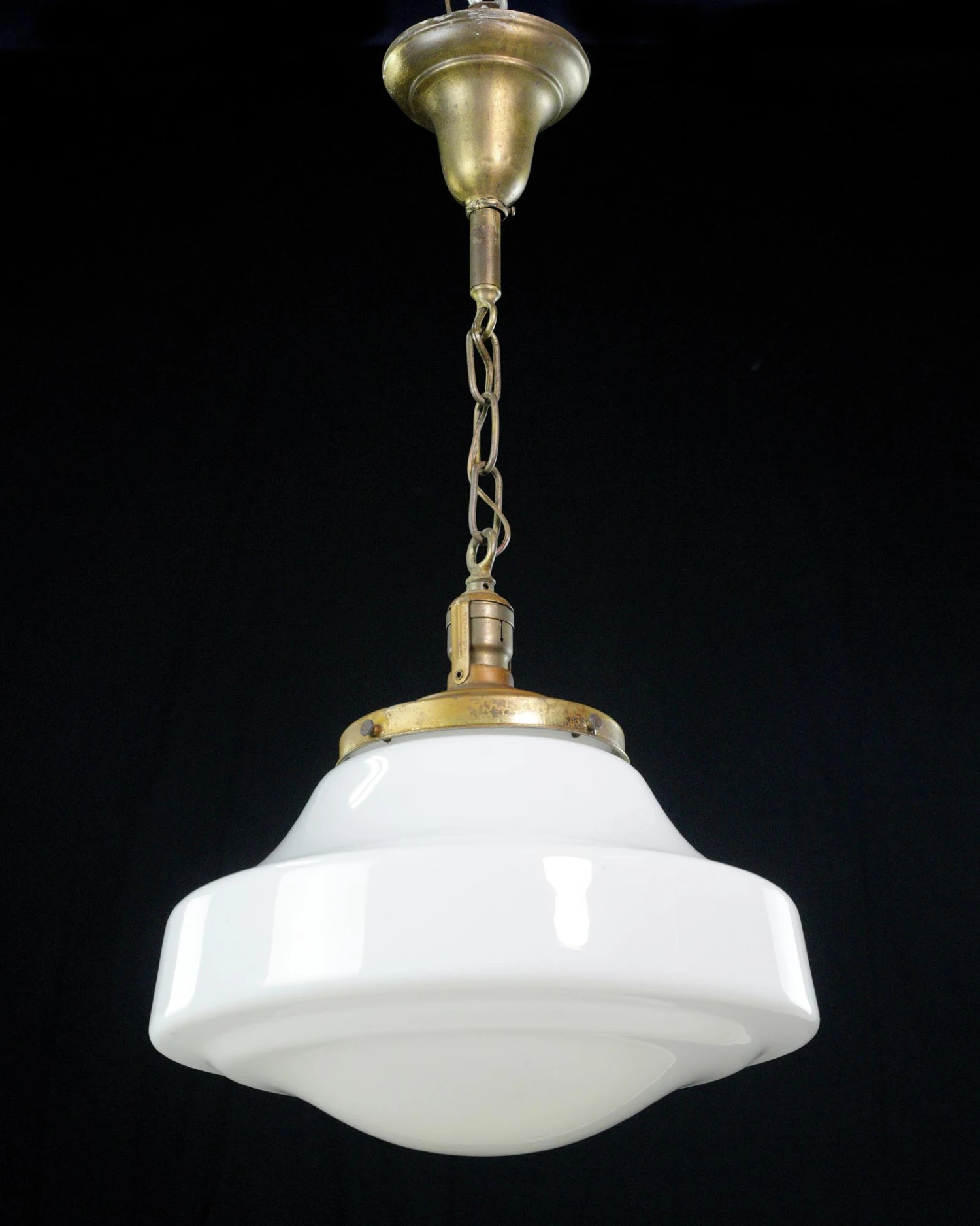 Antique 15 In. Schoolhouse White Milk Glass & Brass Chain Pendant Light 3 Antique 15 In. Schoolhouse White Milk Glass & Brass Chain Pendant Light