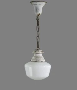 Antique 8 In. Milk Glass Brass Chain Schoolhouse Pendant Light
