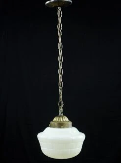Antique Schoolhouse Brick Pattern Milk Glass Globe Brass Chain Pendant Light