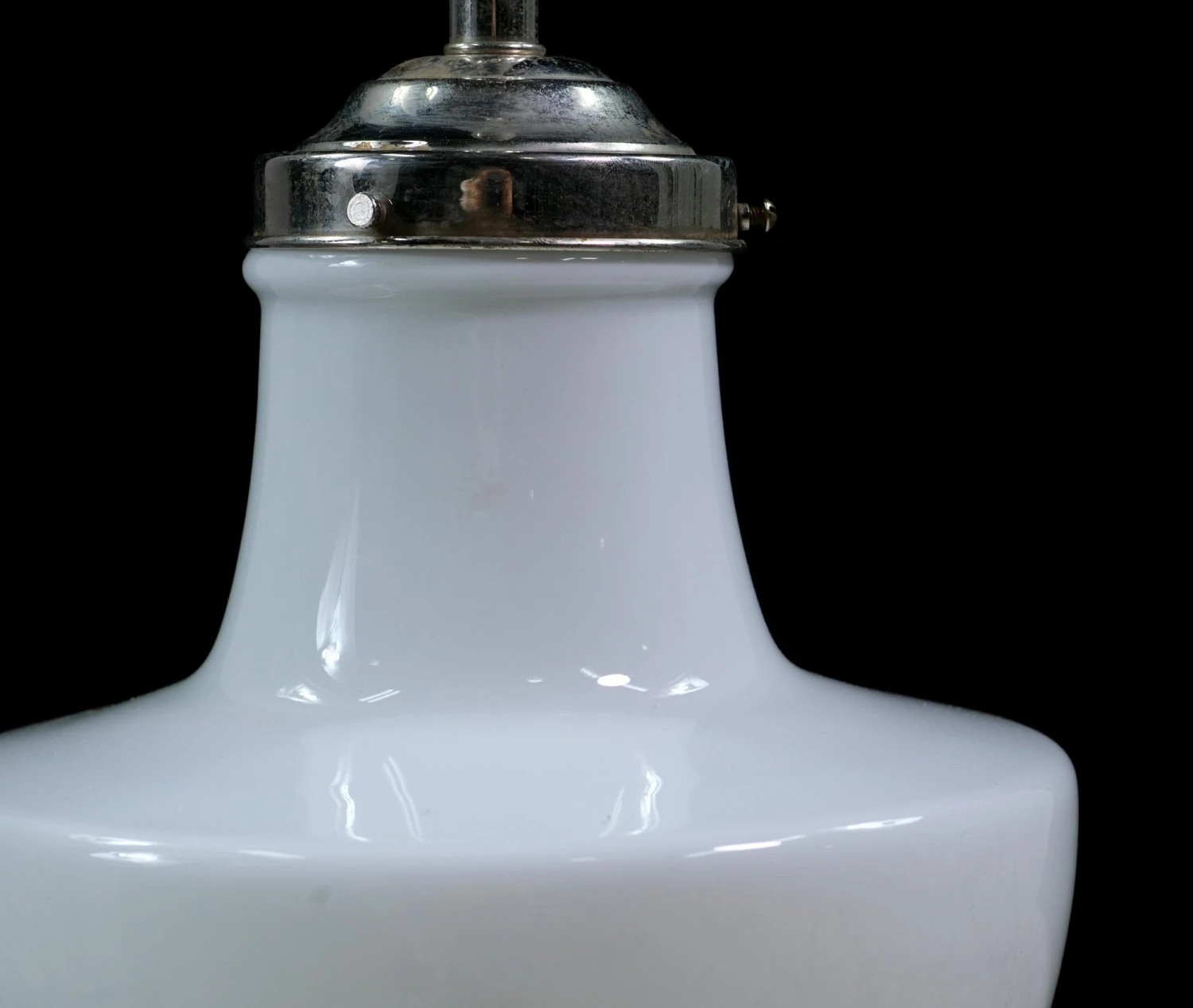 Mid Century Modern Milk Glass Nickel Schoolhouse Pendant Light 5 Mid Century Modern Milk Glass Nickel Schoolhouse Pendant Light - Image 3