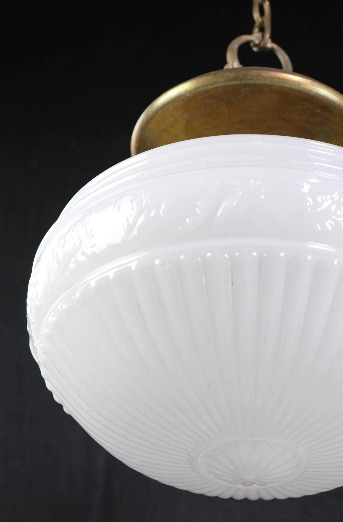 1910s Opaline Fluted Cast Glass & Brass Chain Pendant Light 5 1910s Opaline Fluted Cast Glass & Brass Chain Pendant Light - Image 3