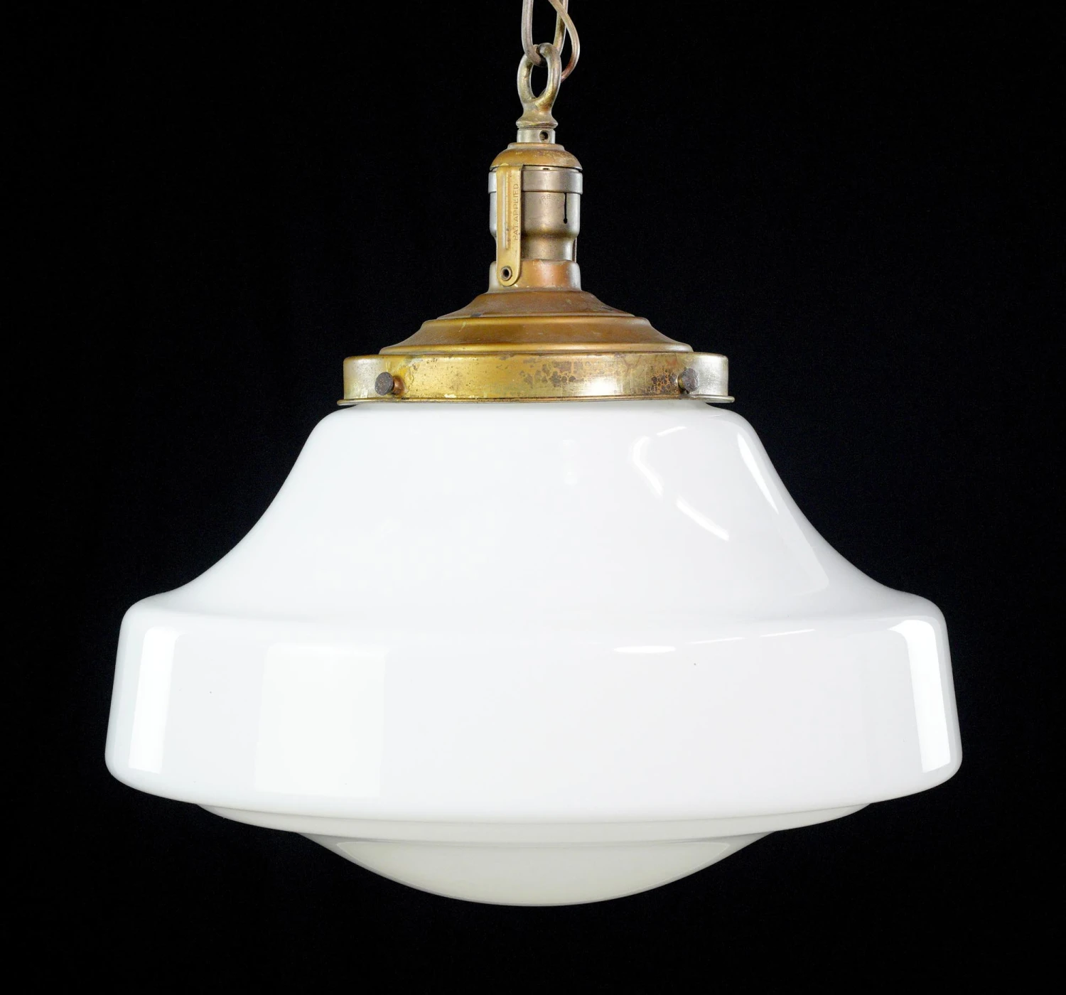 Antique 15 In. Schoolhouse White Milk Glass & Brass Chain Pendant Light 5 Antique 15 In. Schoolhouse White Milk Glass & Brass Chain Pendant Light - Image 3