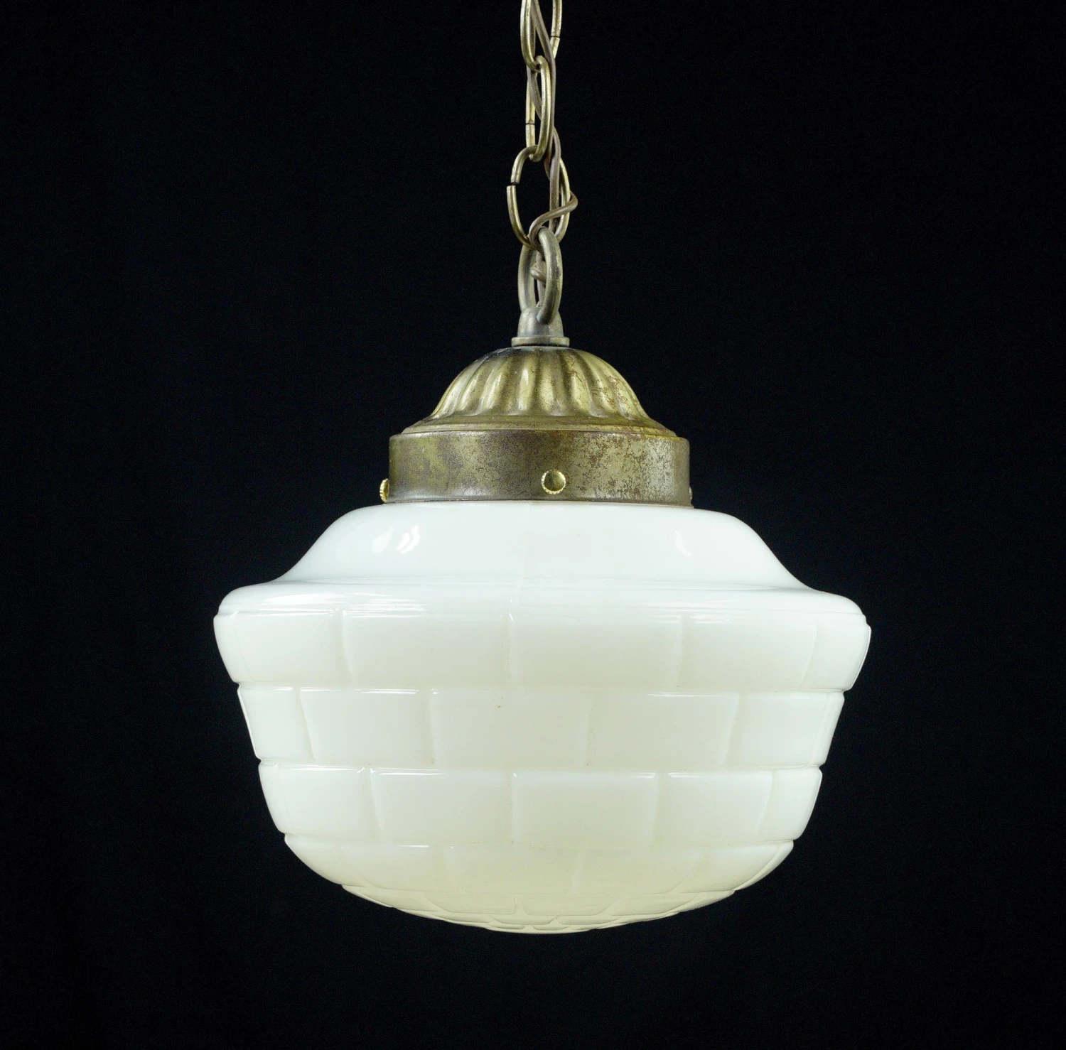 Antique Schoolhouse Brick Pattern Milk Glass Globe Brass Chain Pendant Light 5 Antique Schoolhouse Brick Pattern Milk Glass Globe Brass Chain Pendant Light - Image 3