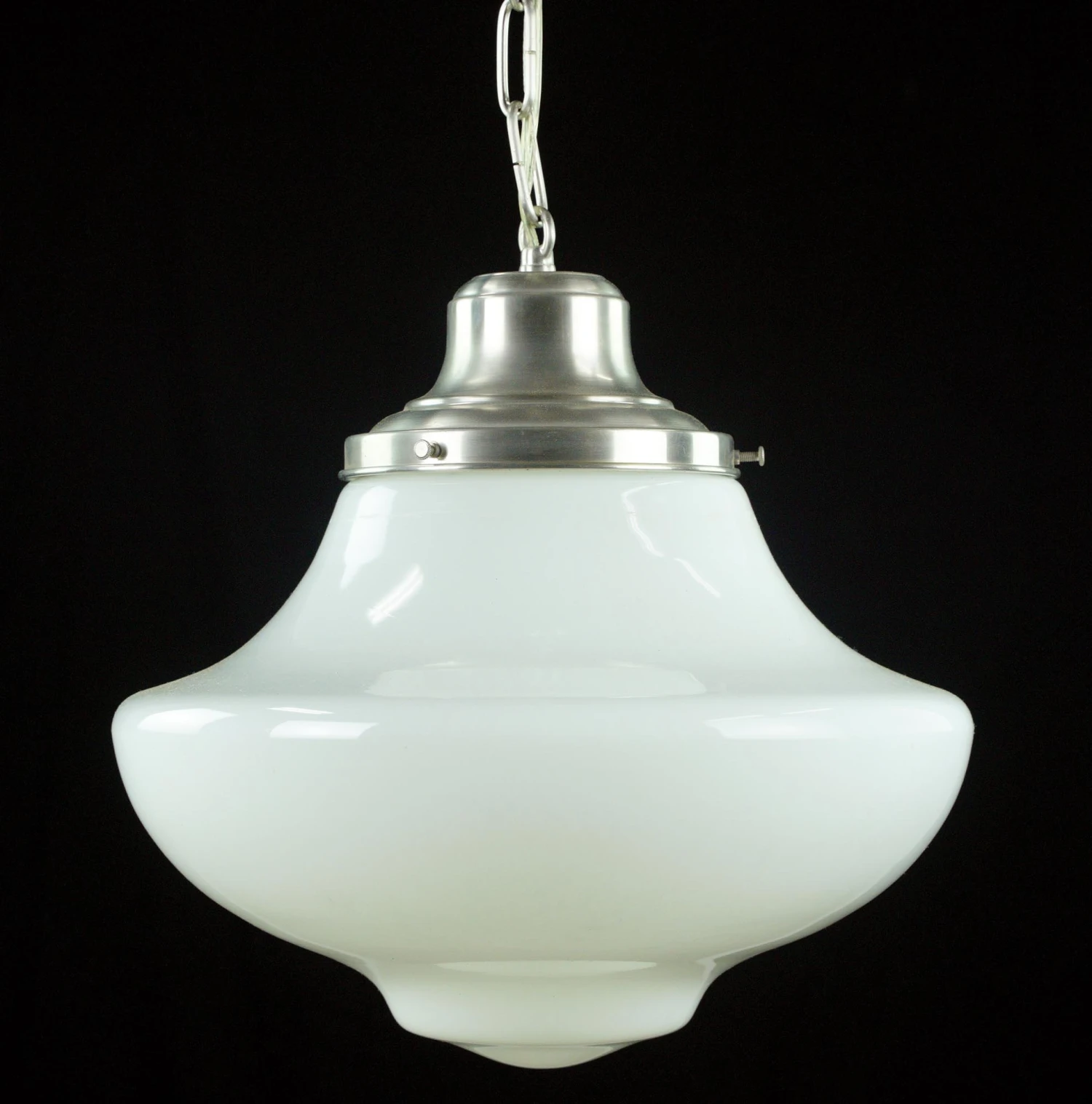 Vintage Schoolhouse Milk Glass Globe Aluminum Chain Pendant Light 5 Vintage Schoolhouse Milk Glass Globe Aluminum Chain Pendant Light - Image 3