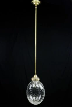 Italian Chevron Etched Crystal Egg Shaped Brass Pole Pendant Light