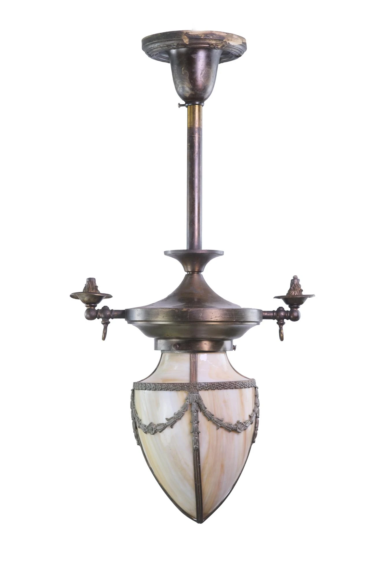 Late 19th Century Converted Gas Pendant Lantern With Curved Stained Glass Shade 3 Late 19th Century Converted Gas Pendant Lantern With Curved Stained Glass Shade