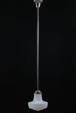 Mid Century Modern Milk Glass Nickel Schoolhouse Pendant Light