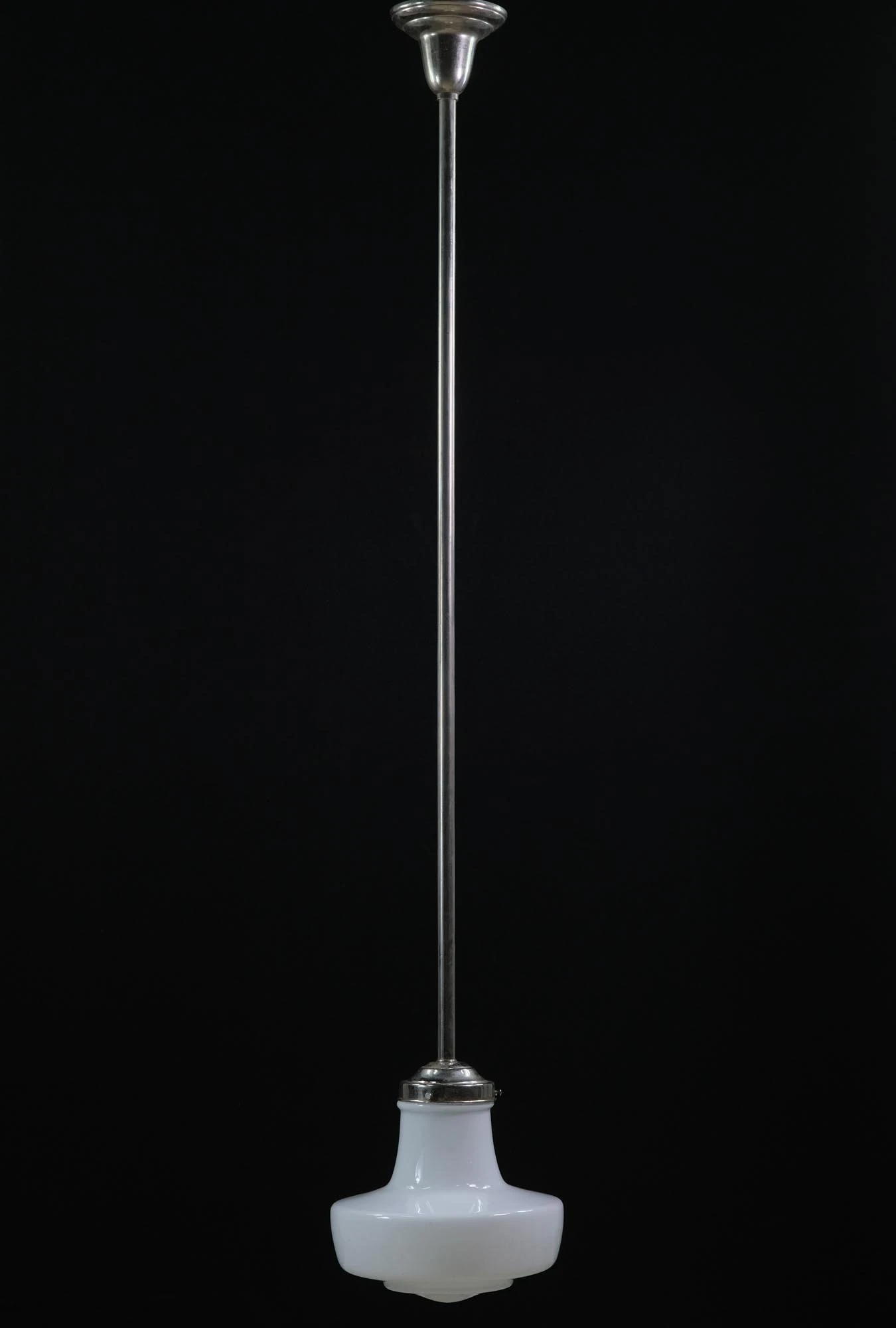 Mid Century Modern Milk Glass Nickel Schoolhouse Pendant Light 3 Mid Century Modern Milk Glass Nickel Schoolhouse Pendant Light