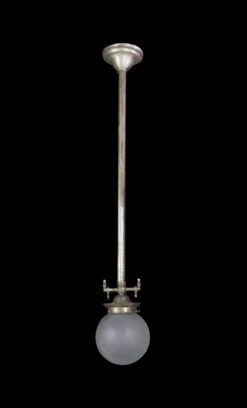 Original Frosted Glass Silvered Brass Pole Pendant Light