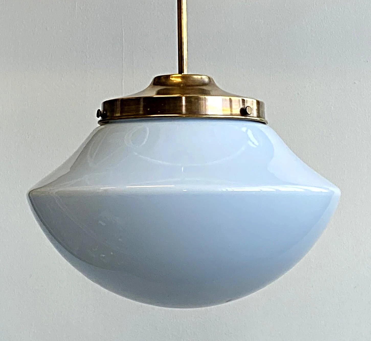 1960s Mushroom Schoolhouse 12 In. Globe Brass Pendant Light 4 1960s Mushroom Schoolhouse 12 In. Globe Brass Pendant Light - Image 2