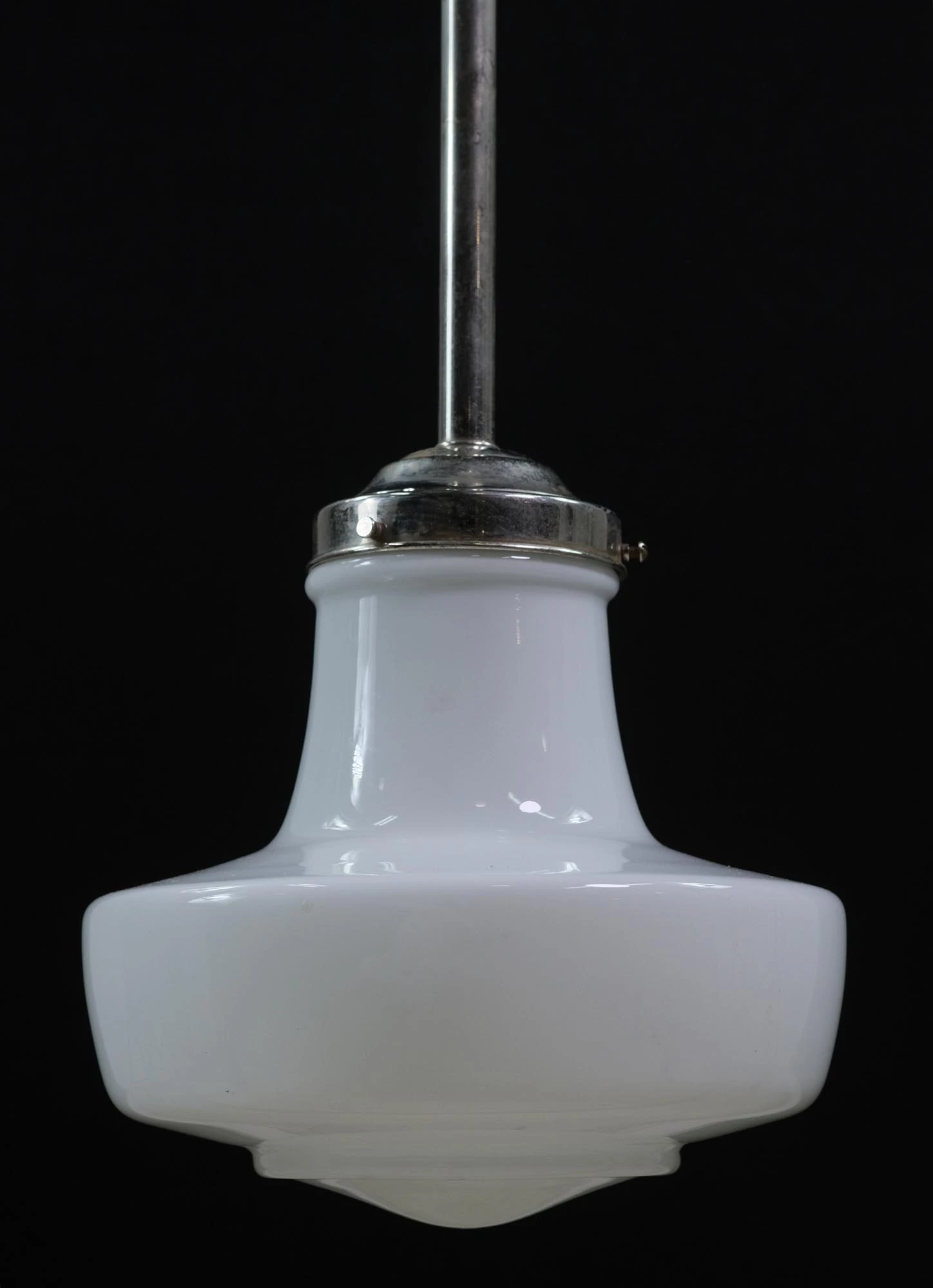 Mid Century Modern Milk Glass Nickel Schoolhouse Pendant Light 4 Mid Century Modern Milk Glass Nickel Schoolhouse Pendant Light - Image 2