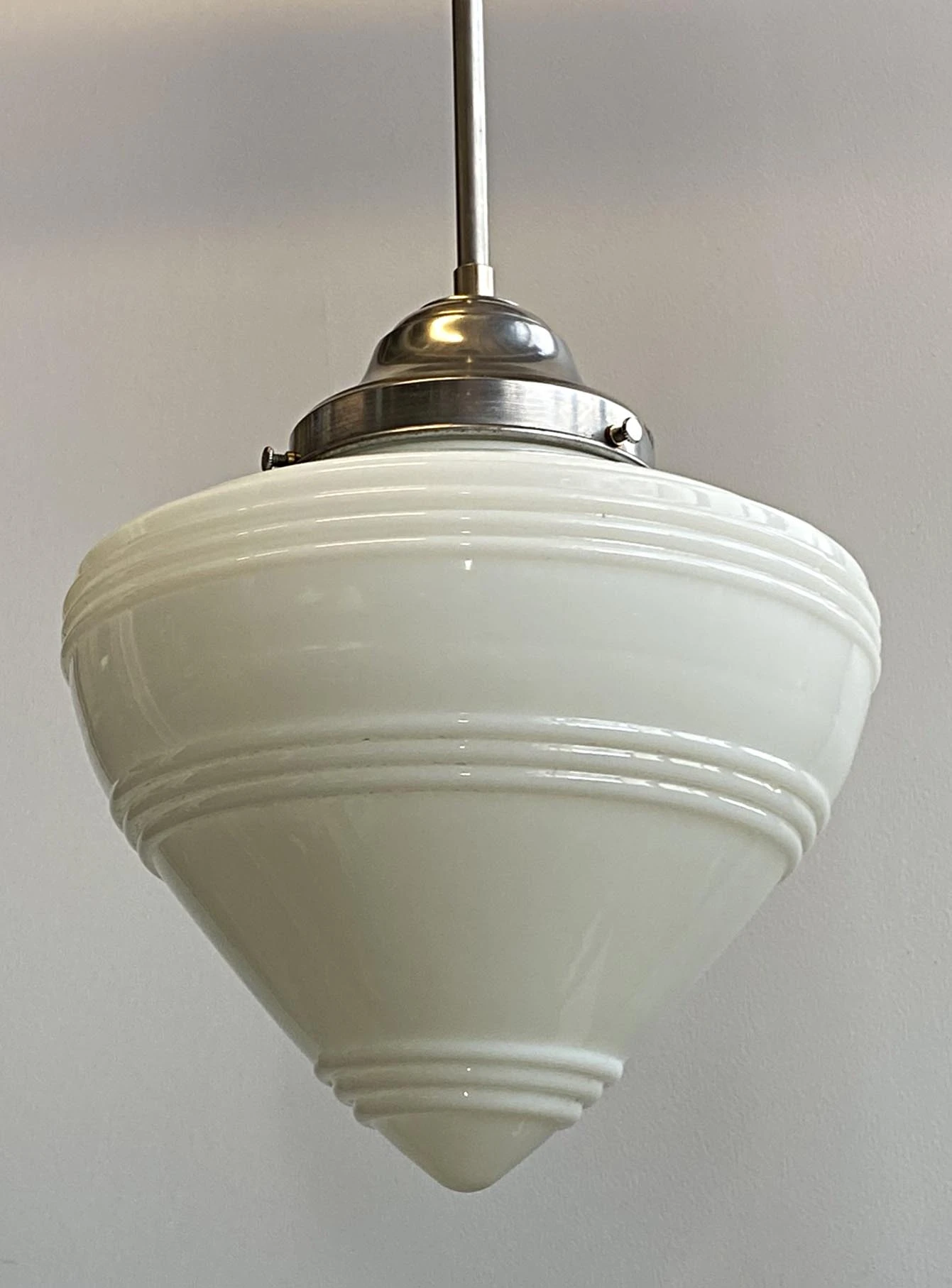 Original Cone Milk Glass Shade Steel Pole Pendant Light 4 Original Cone Milk Glass Shade Steel Pole Pendant Light - Image 2