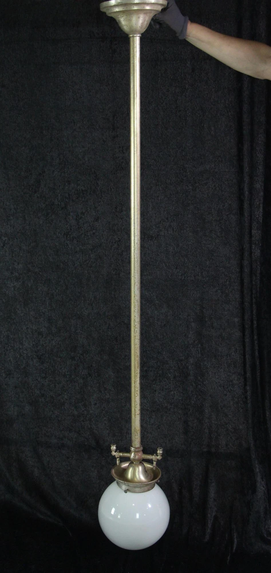 Vintage Opaline Glass Silvered Brass Pole Pendant Light 4 Vintage Opaline Glass Silvered Brass Pole Pendant Light - Image 2