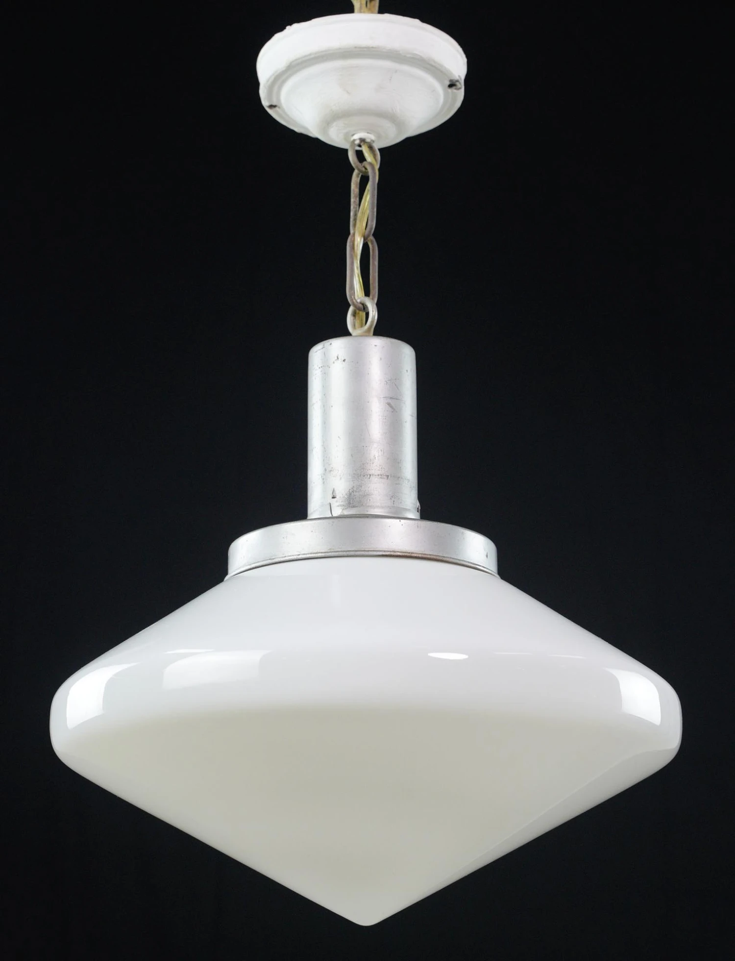 Vintage Mid Century Modern Milk Glass Saucer Pendant Light 4 Vintage Mid Century Modern Milk Glass Saucer Pendant Light - Image 2