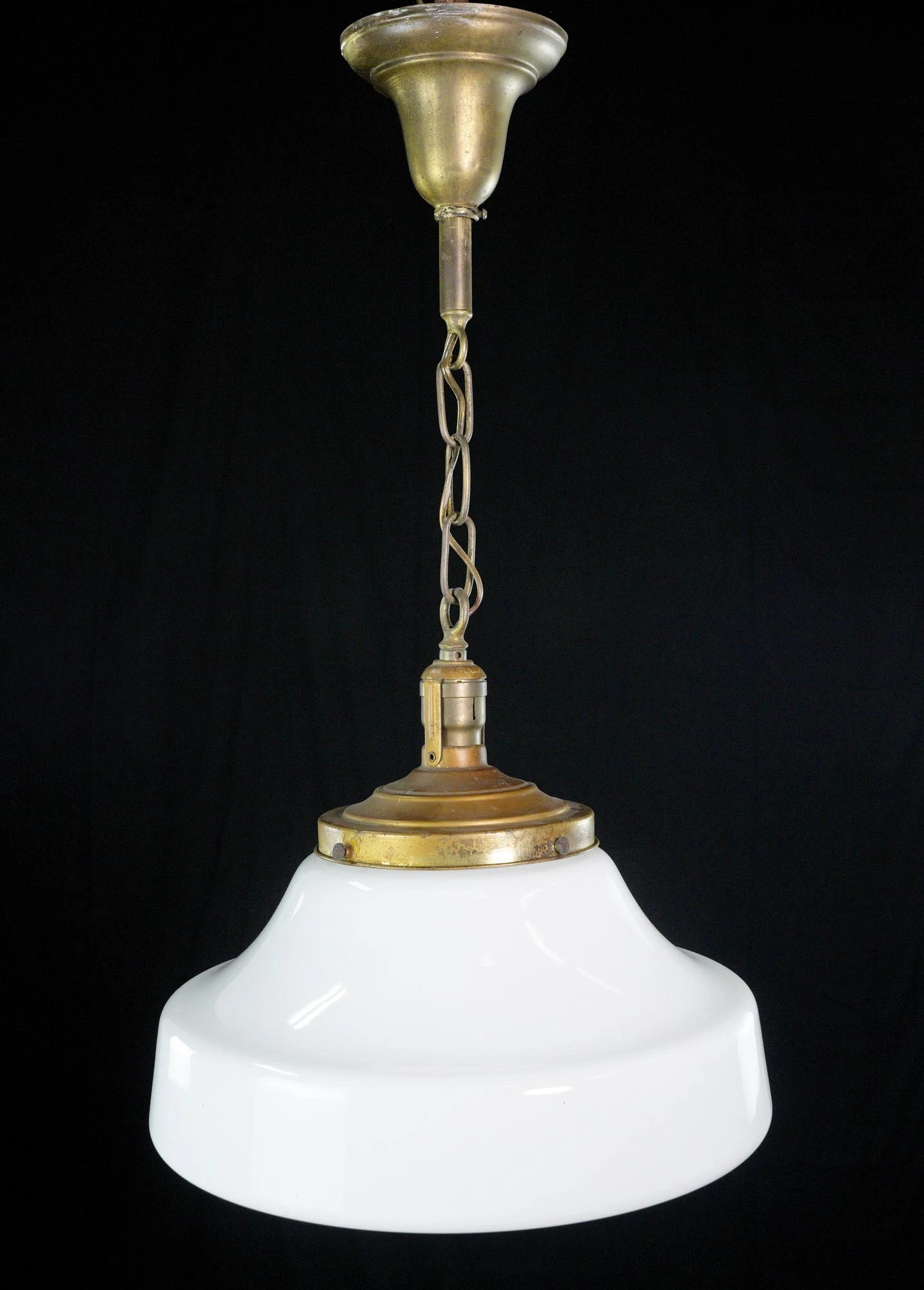 Antique 15 In. Schoolhouse White Milk Glass & Brass Chain Pendant Light 4 Antique 15 In. Schoolhouse White Milk Glass & Brass Chain Pendant Light - Image 2